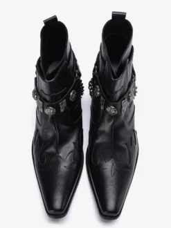 Bottes à bout pointu noires pour hommes talons moyens chaînes décoratives bottines