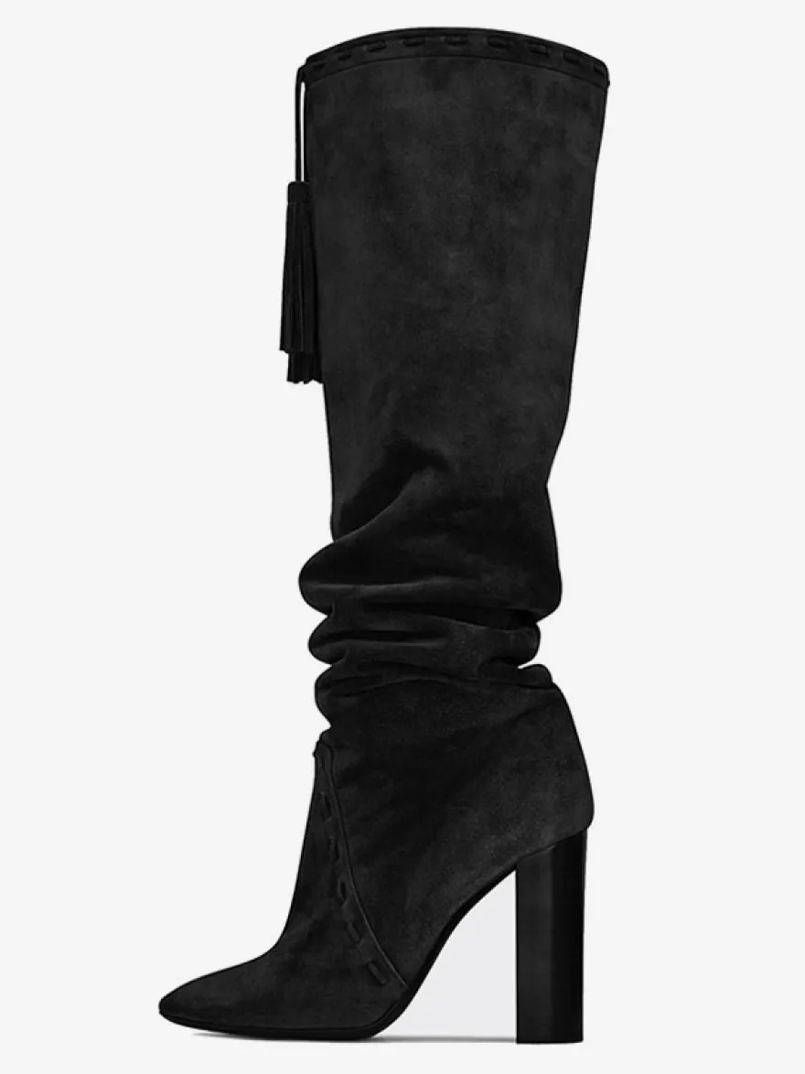 Bottes chaussures en daim marron à talons épais
