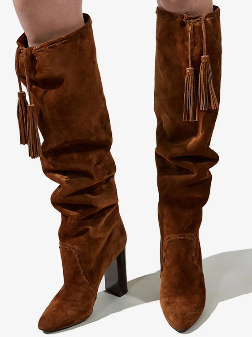 Bottes chaussures en daim marron à talons épais