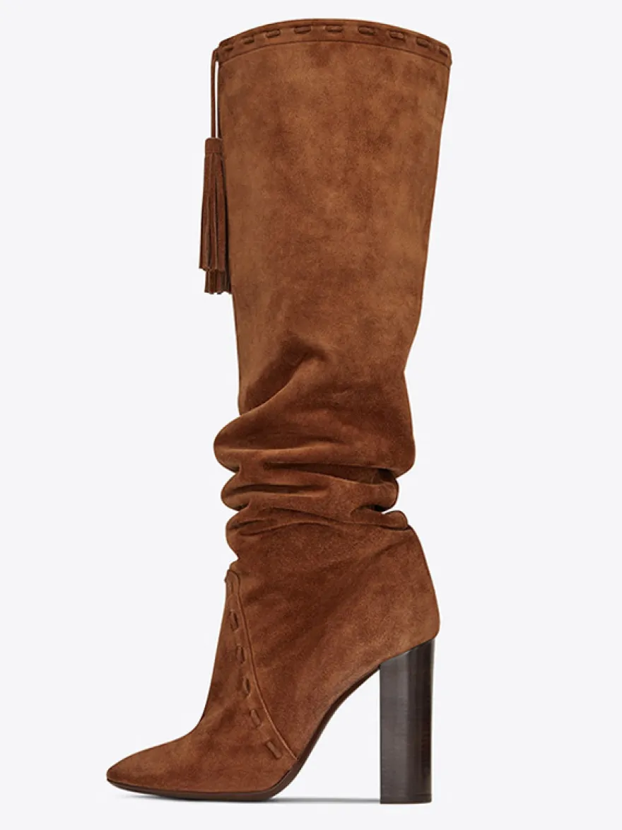 Bottes chaussures en daim marron à talons épais