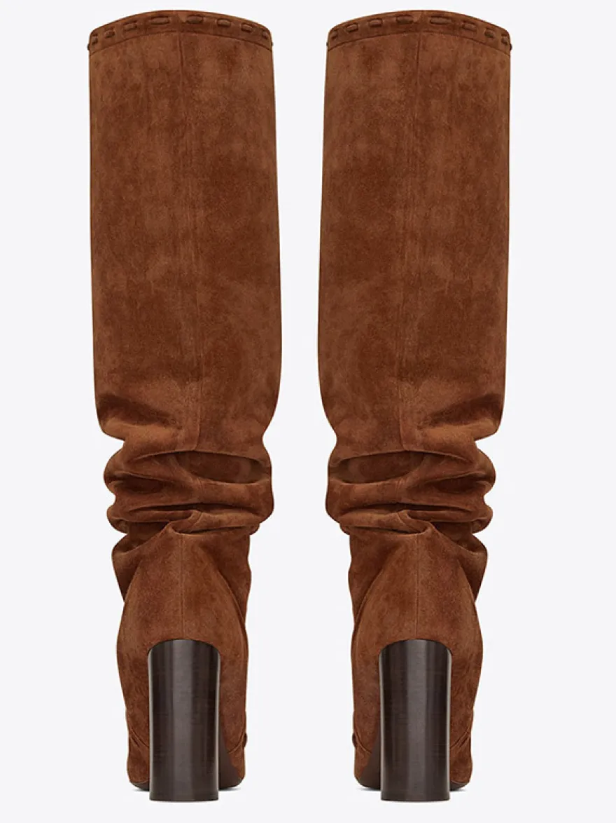 Bottes chaussures en daim marron à talons épais