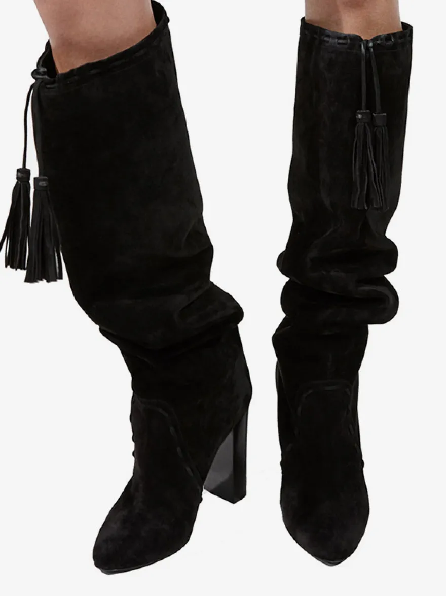 Bottes chaussures en daim marron à talons épais
