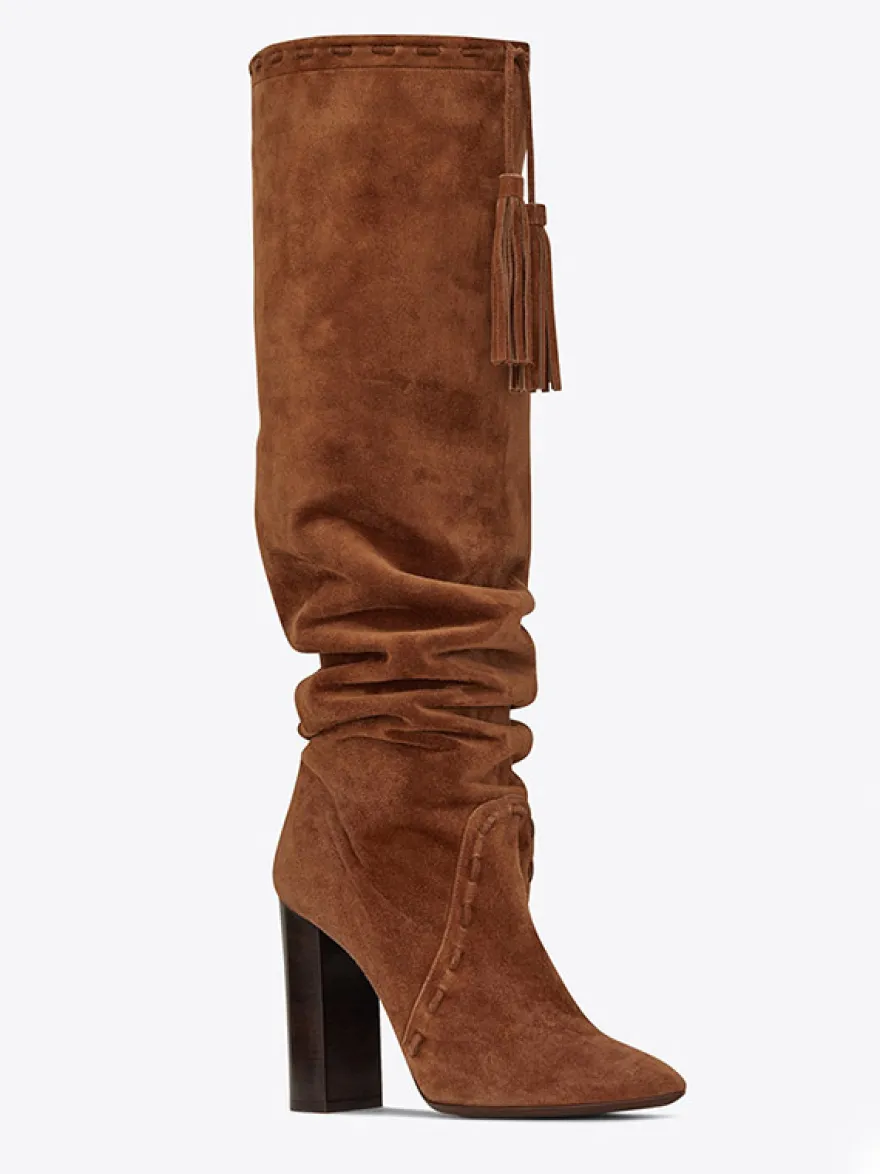 Bottes chaussures en daim marron à talons épais
