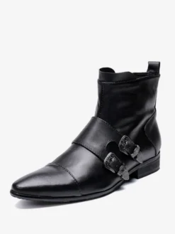 Bottes Chelsea pour hommes en cuir de vache noir à bout pointu et boucle à la cheville