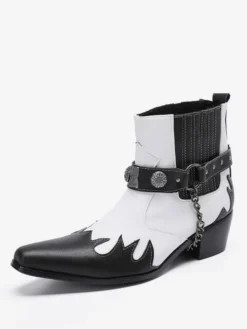 Bottes Chelsea pour hommes en cuir de vachette blanc à bout carré avec chaînes et cheville