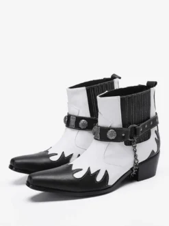 Bottes Chelsea pour hommes en cuir de vachette blanc à bout carré avec chaînes et cheville