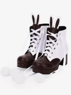 Bottes classiques lolita bottes oreille de lapin pom pom à deux tons chaussures chunky à talons hauts Lolita Déguisements Halloween