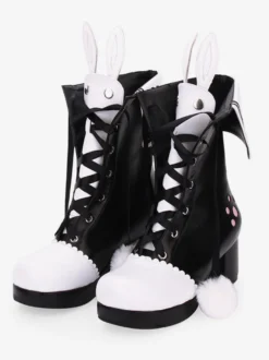 Bottes classiques lolita chaussures lolita pom pom lapin oreille deux tons talon chunky Déguisements Halloween