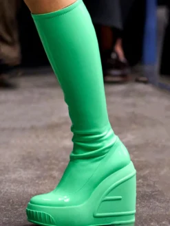 Bottes Compensées Hautes Au Genou Cuissardes Élastiques À Bout Rond Femme