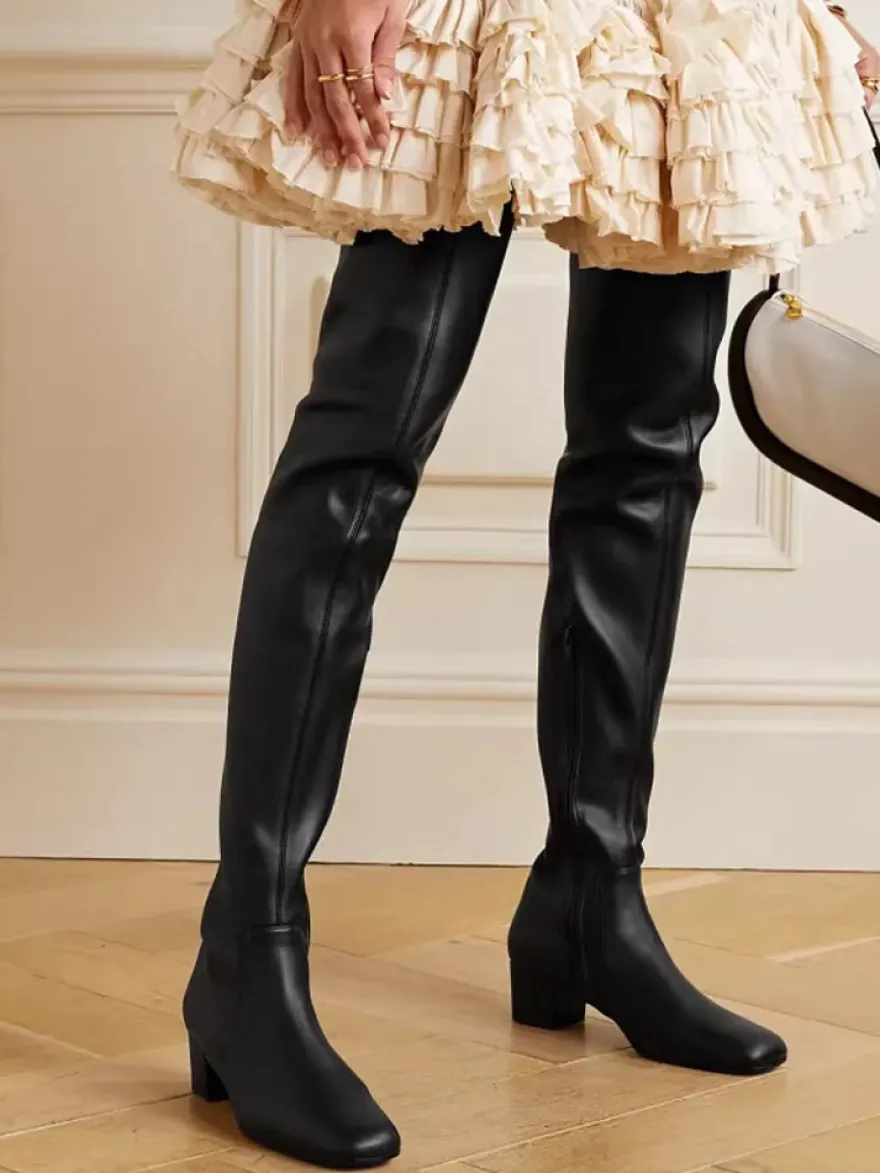 Bottes cuissardes à bout carré et talon épais pour femme