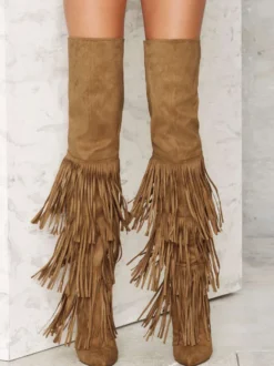 Bottes cuissardes en daim pour femmes bout pointu talon haut cuissardes à pompons