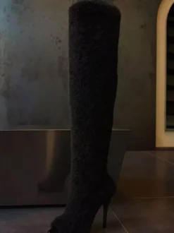 Bottes cuissardes en fausse fourrure à bout ouvert et talons hauts