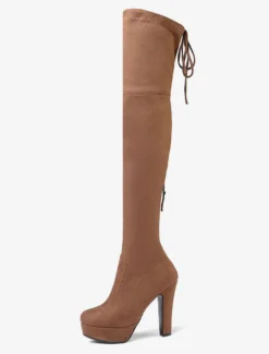 Bottes cuissardes femme noires à plateforme amande talon haut sur les bottes