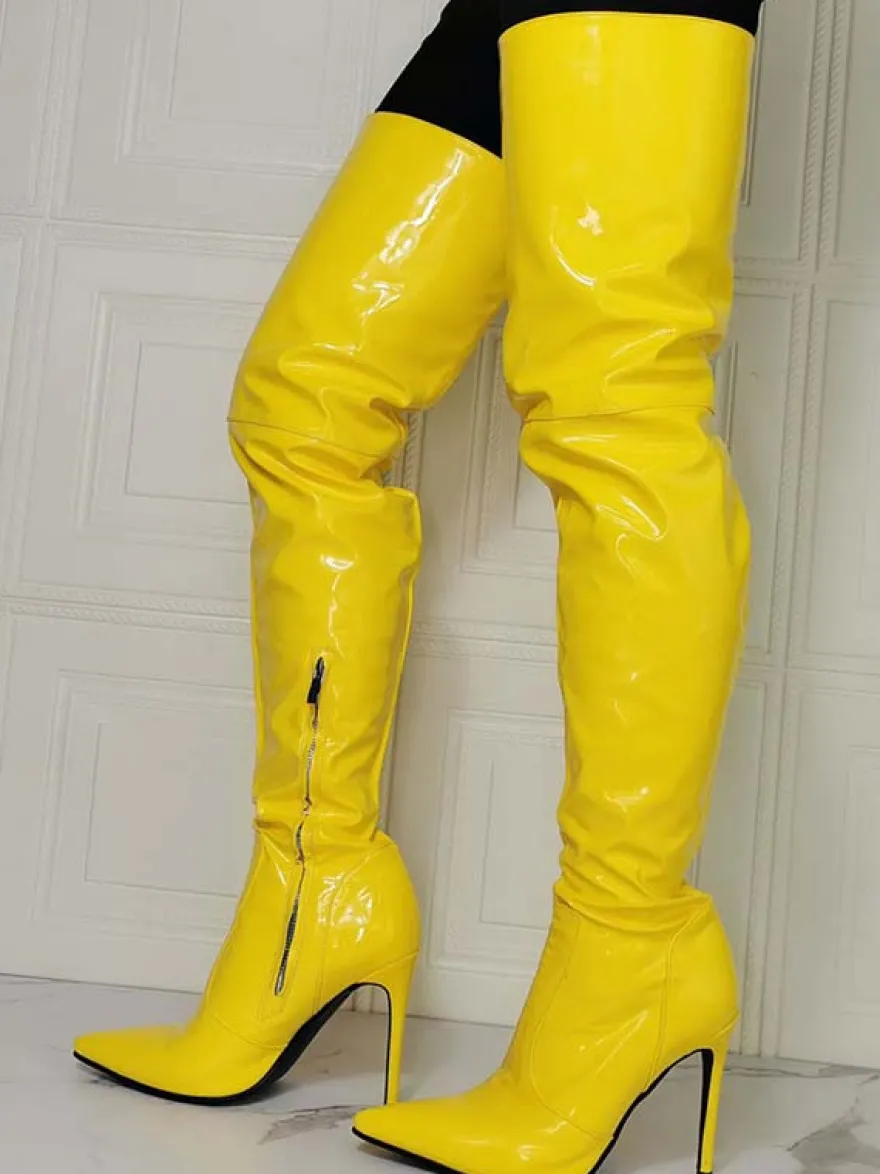 Bottes cuissardes jaunes grandes tailles à talons aiguilles