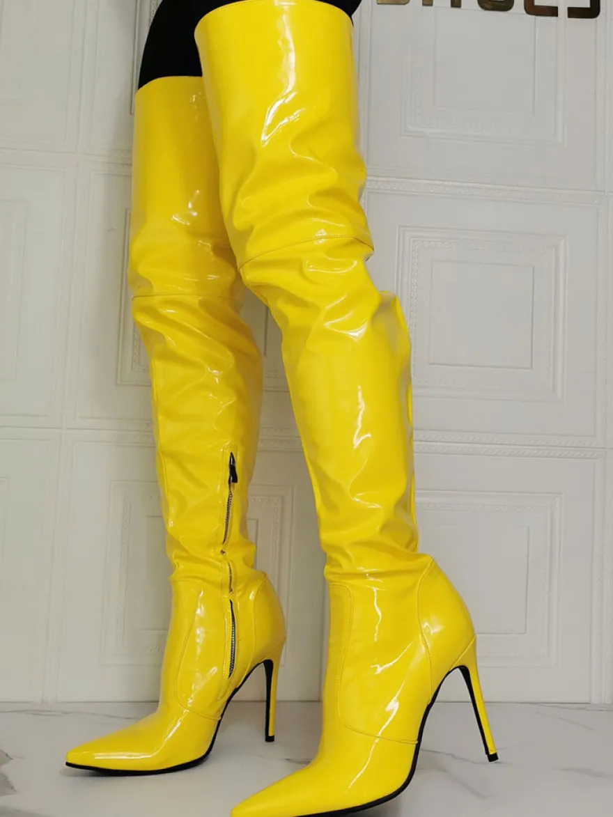 Bottes cuissardes jaunes grandes tailles à talons aiguilles