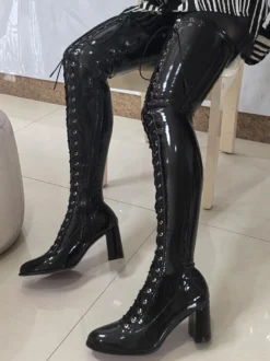 Bottes cuissardes noires pour femmes bout carré lacets talon épais cuissardes