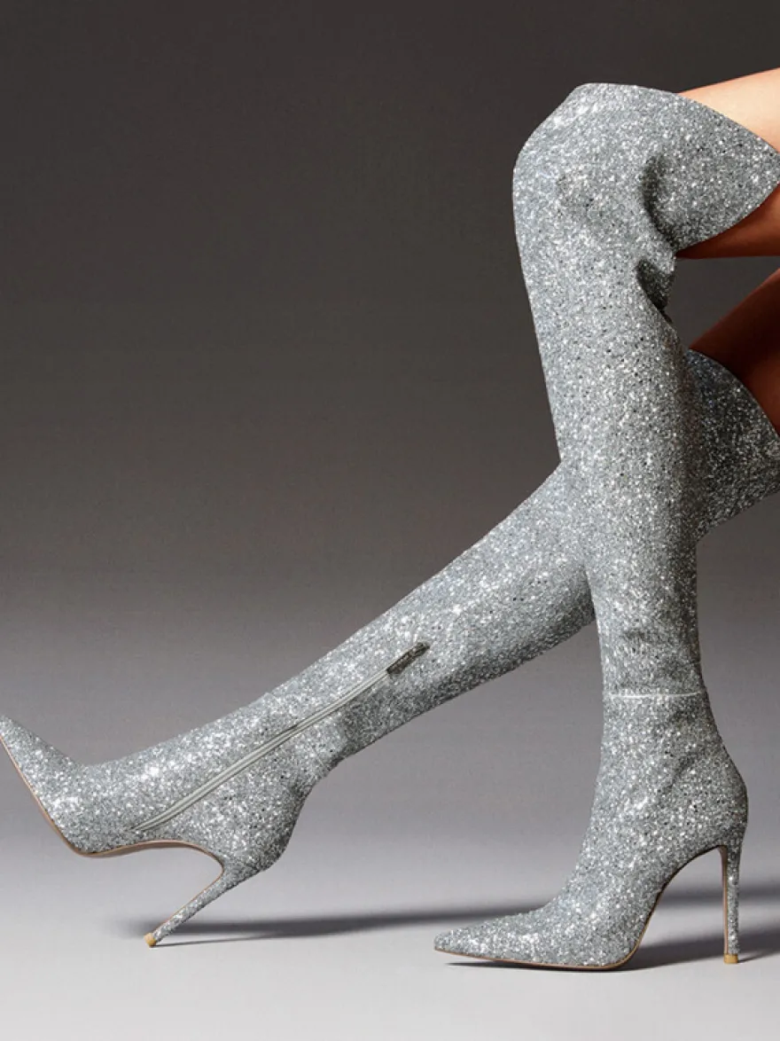 Bottes cuissardes à paillettes Bottes argentées à bout pointu et à talons hauts au-dessus du genou