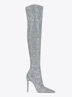 Bottes cuissardes à paillettes Bottes argentées à bout pointu et à talons hauts au-dessus du genou