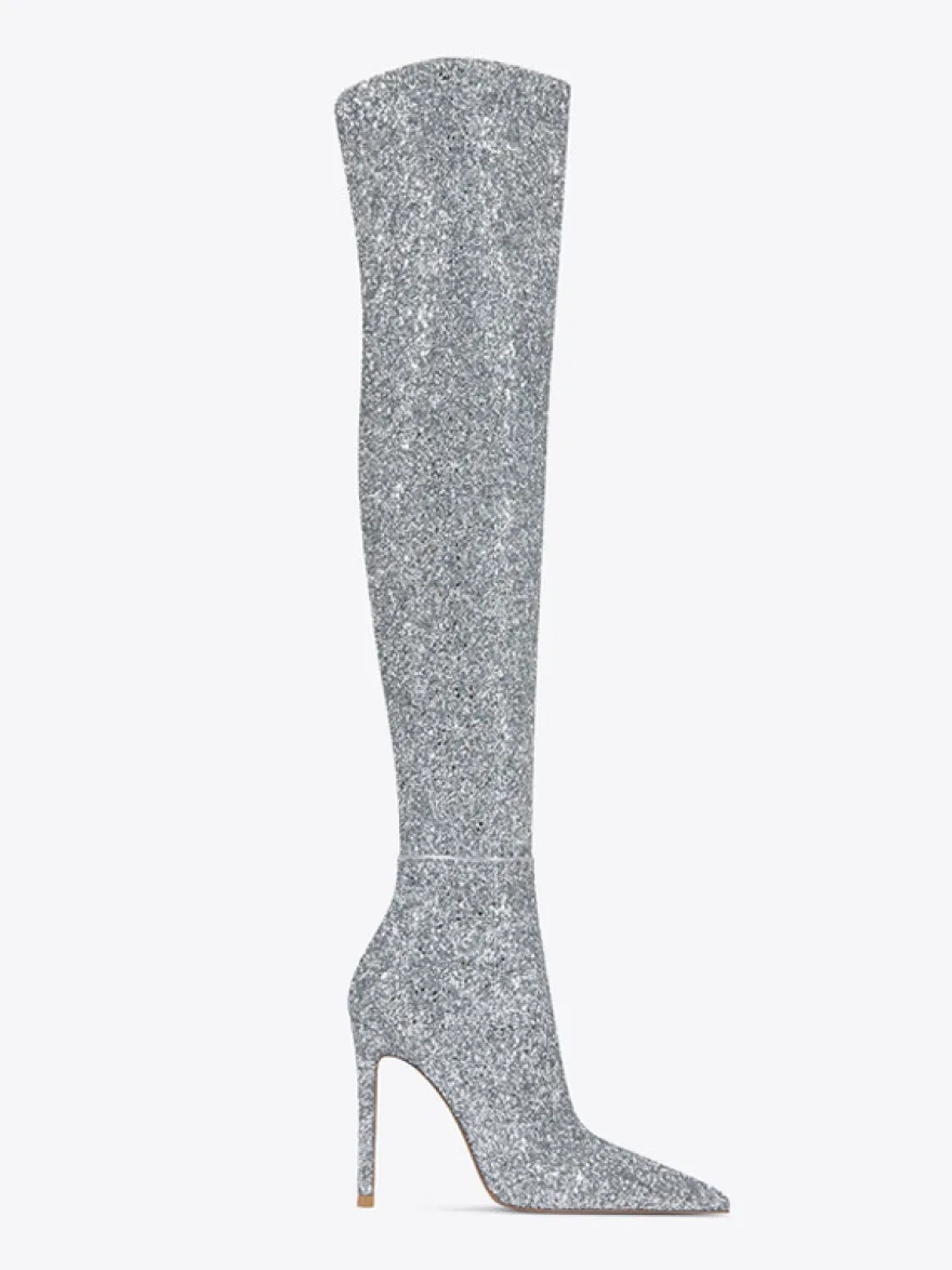 Bottes cuissardes à paillettes Bottes argentées à bout pointu et à talons hauts au-dessus du genou