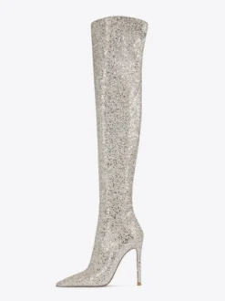 Bottes cuissardes à paillettes Bottes argentées à bout pointu et à talons hauts au-dessus du genou