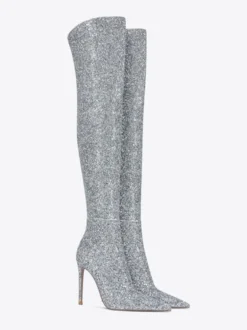Bottes cuissardes à paillettes Bottes argentées à bout pointu et à talons hauts au-dessus du genou