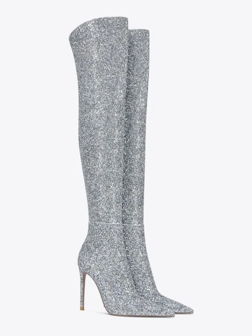 Bottes cuissardes à paillettes Bottes argentées à bout pointu et à talons hauts au-dessus du genou