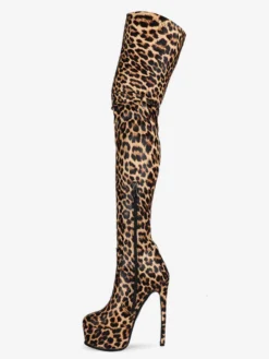 Bottes cuissardes pour femmes bout rond imprimé léopard talon aiguille bottes d'hiver à plateforme pour femmes
