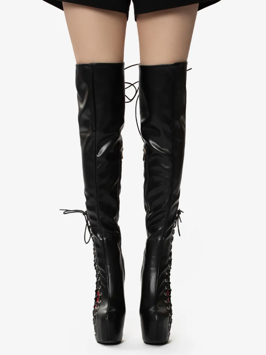 Bottes cuissardes sexy unisexes à plateforme et lacets à talons hauts au-dessus du genou