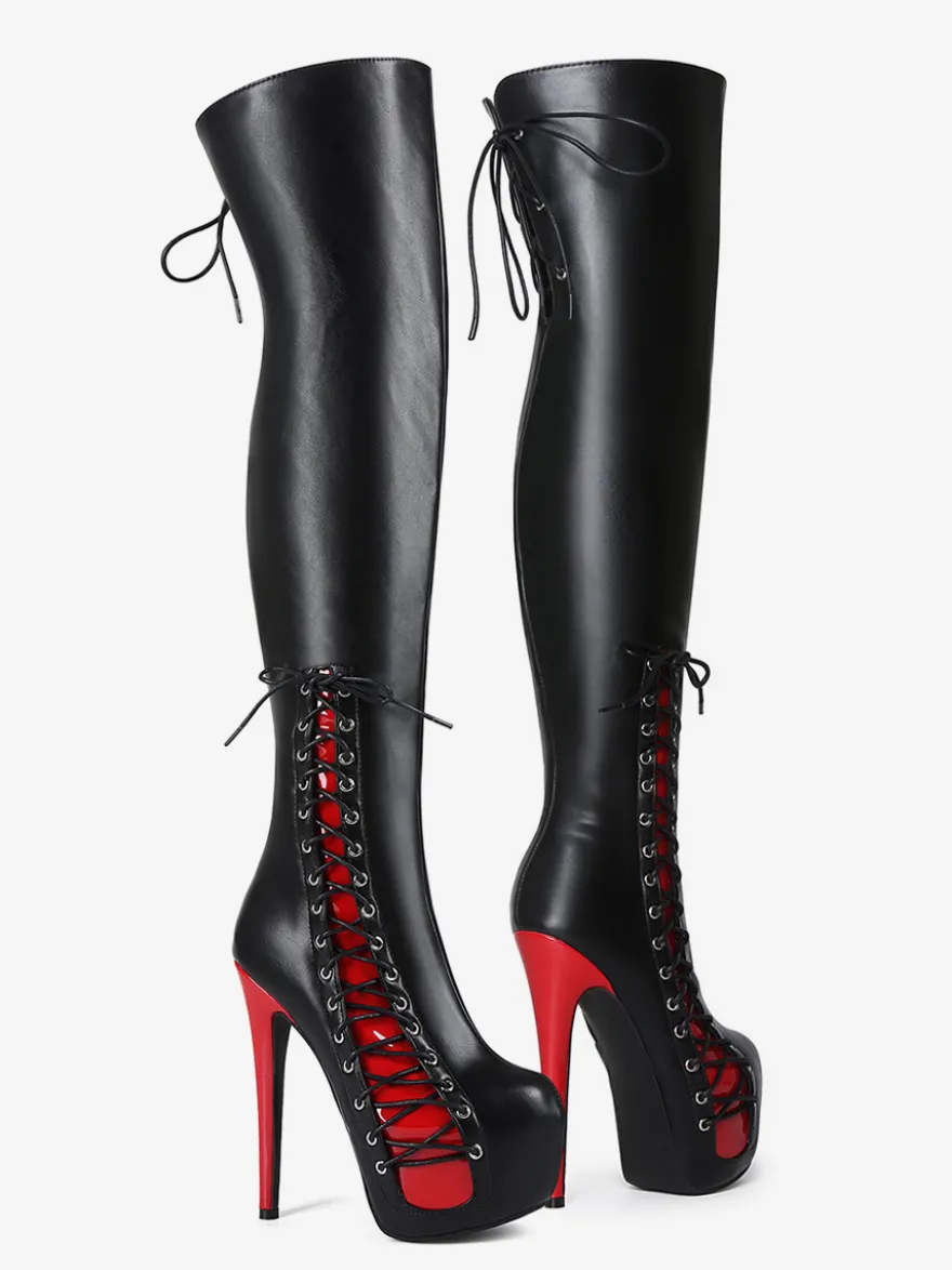 Bottes cuissardes sexy unisexes à plateforme et lacets à talons hauts au-dessus du genou