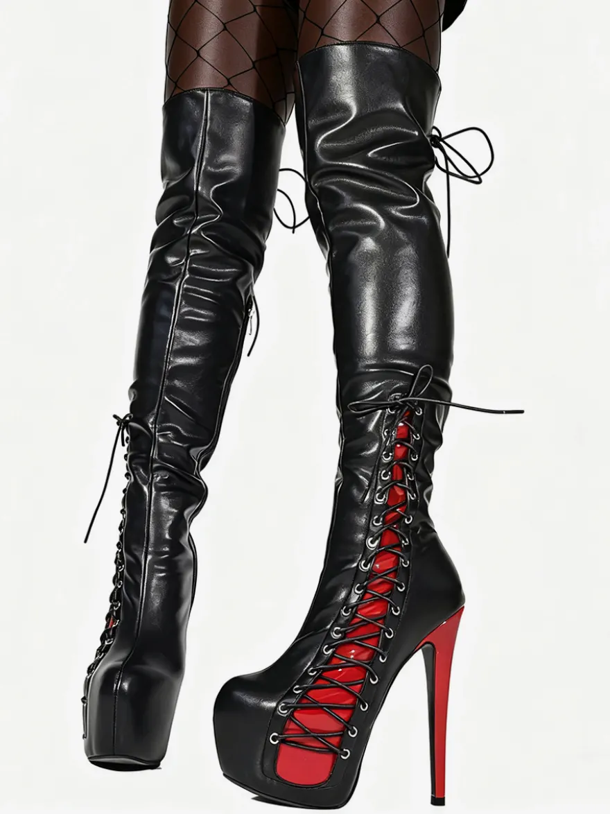 Bottes cuissardes sexy unisexes à plateforme et lacets à talons hauts au-dessus du genou