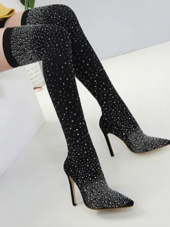 Bottes cuissardes à talon aiguille strass pour femmes