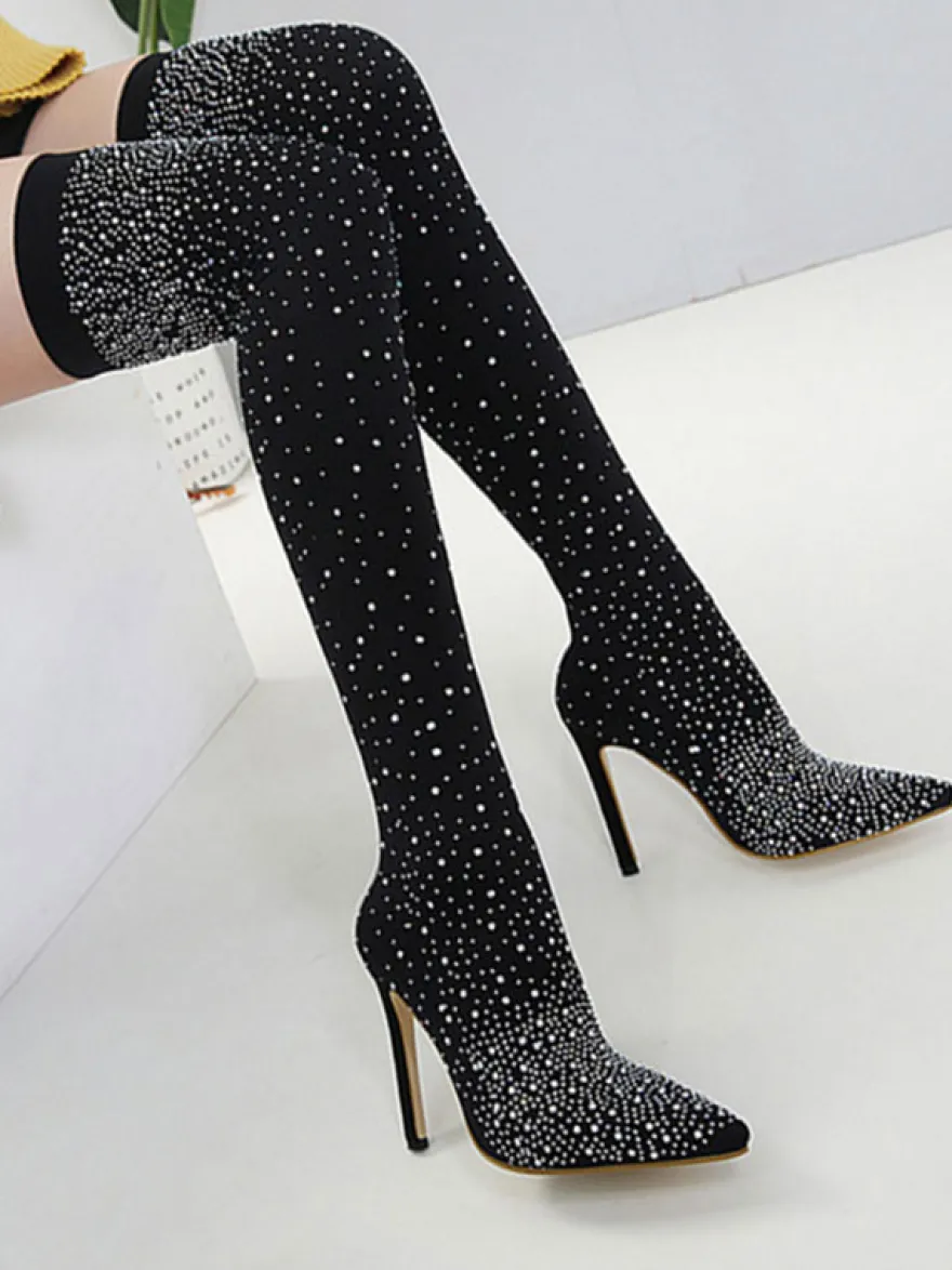 Bottes cuissardes à talon aiguille strass pour femmes