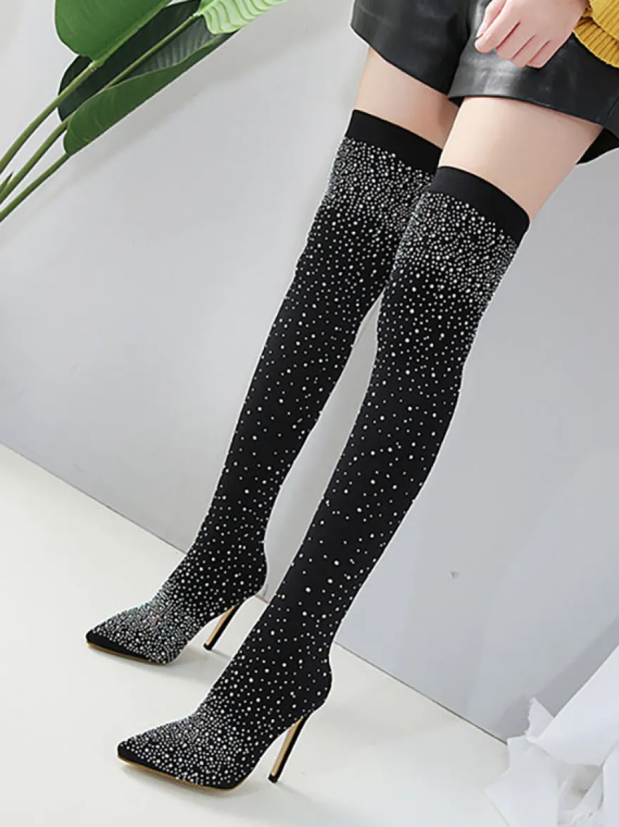 Bottes cuissardes à talon aiguille strass pour femmes