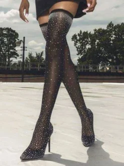 Bottes cuissardes à talon aiguille strass pour femmes