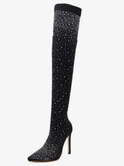 Bottes cuissardes à talon aiguille strass pour femmes