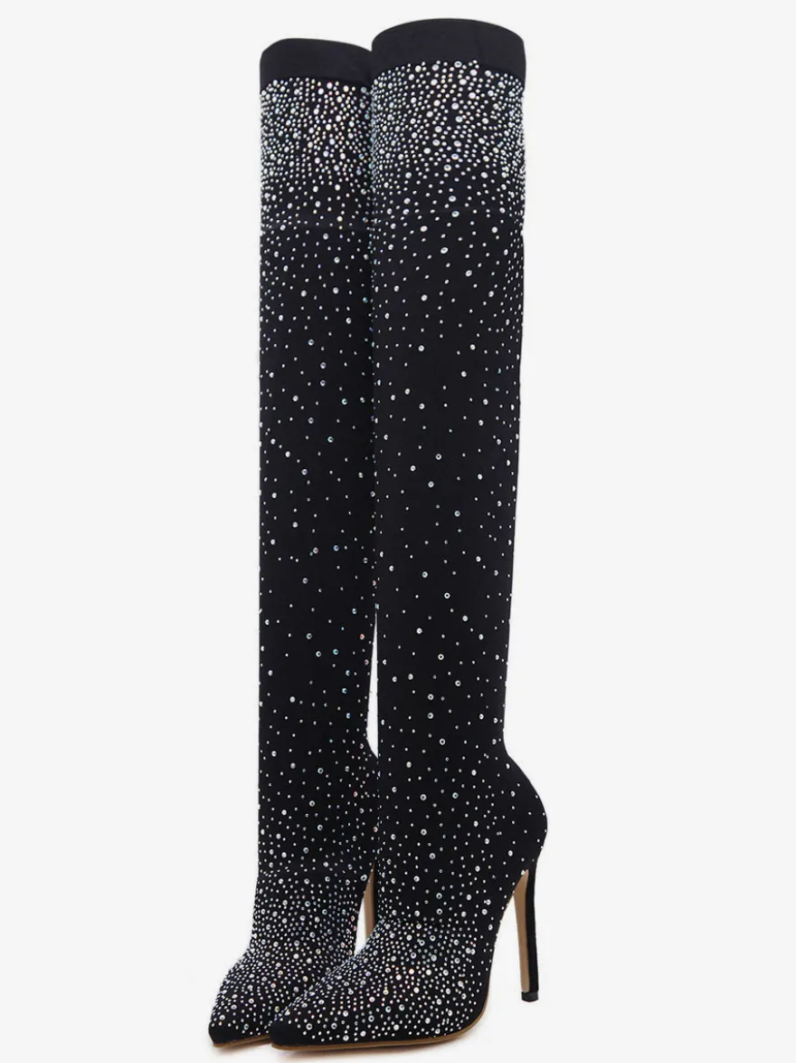 Bottes cuissardes à talon aiguille strass pour femmes