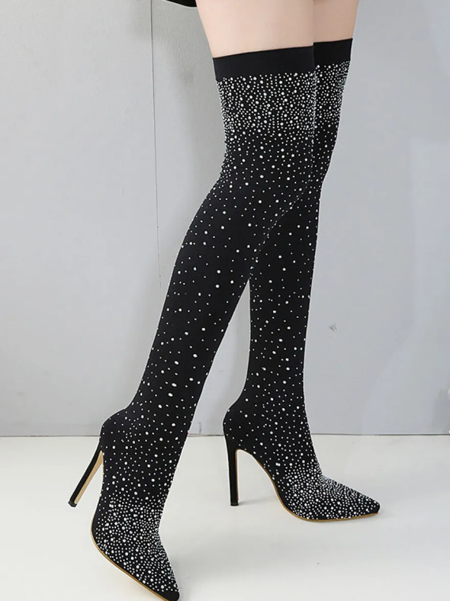 Bottes cuissardes à talon aiguille strass pour femmes