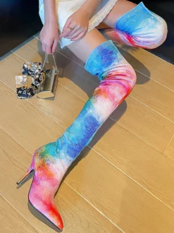Bottes cuissardes à talons hauts et strass colorés pour femmes
