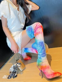 Bottes cuissardes à talons hauts et strass colorés pour femmes