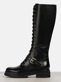 Bottes de combat noires pour femmes bottes d'équitation plates à lacets et à bout rond