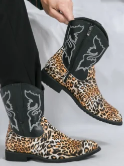 Bottes de cowboy montantes pour hommes chaussures à broderies léopard western