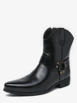 Bottes de cowboy pour hommes à bout pointu en cuir à talon bas et boutons décoratifs
