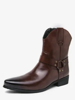 Bottes de cowboy pour hommes à bout pointu en cuir à talon bas et boutons décoratifs
