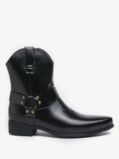 Bottes de cowboy pour hommes à bout pointu en cuir à talon bas et boutons décoratifs