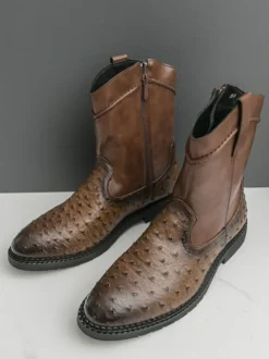 Bottes de cowboy pour hommes bottines à bout rond et talon bas à enfiler et fermeture éclair latérale