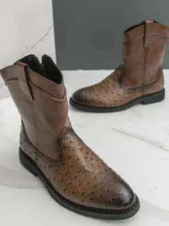 Bottes de cowboy pour hommes bottines à bout rond et talon bas à enfiler et fermeture éclair latérale