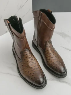 Bottes de cowboy pour hommes bottines à bout rond et talon bas à enfiler et fermeture éclair latérale