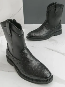 Bottes de cowboy pour hommes bottines à bout rond et talon bas à enfiler et fermeture éclair latérale