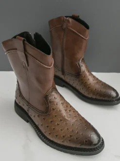 Bottes de cowboy pour hommes bottines à bout rond et talon bas à enfiler et fermeture éclair latérale