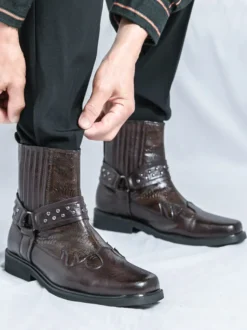 Bottes de cowboy pour hommes bout carré rivets bottes de motard punk bottes montantes à enfiler